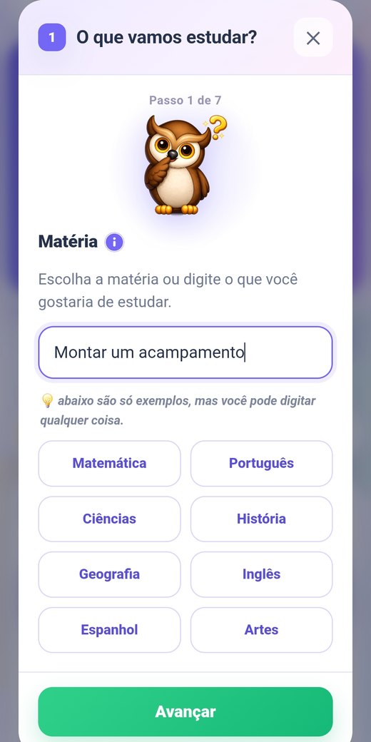 Tela para escolher a matéria do quiz