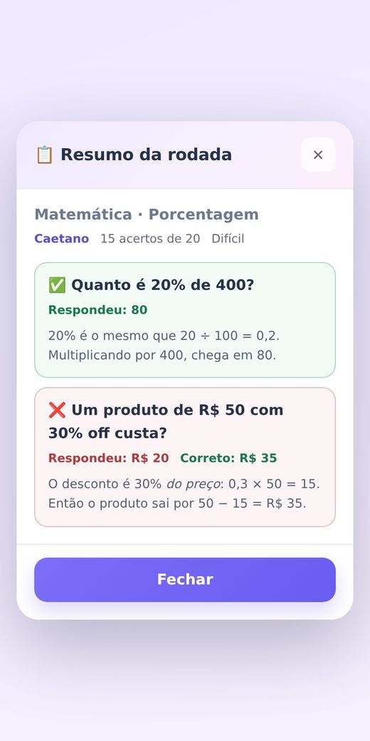 Resumo da rodada mostrando acertos, erros e explicações