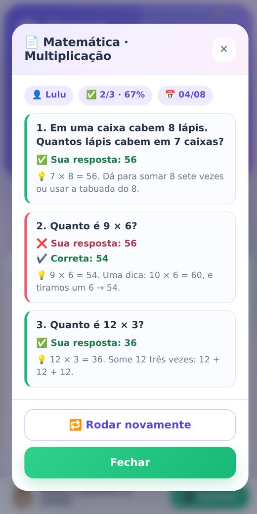Resumo da rodada mostrando o que a criança errou