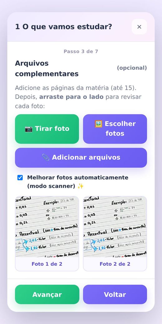Páginas do caderno já adicionadas ao quiz