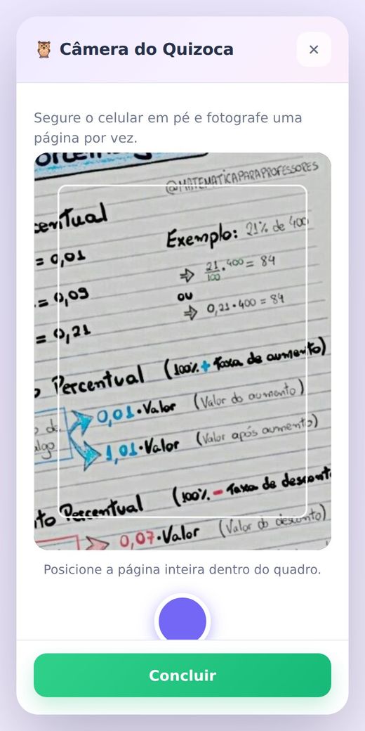 Câmera do app enquadrando a página do caderno
