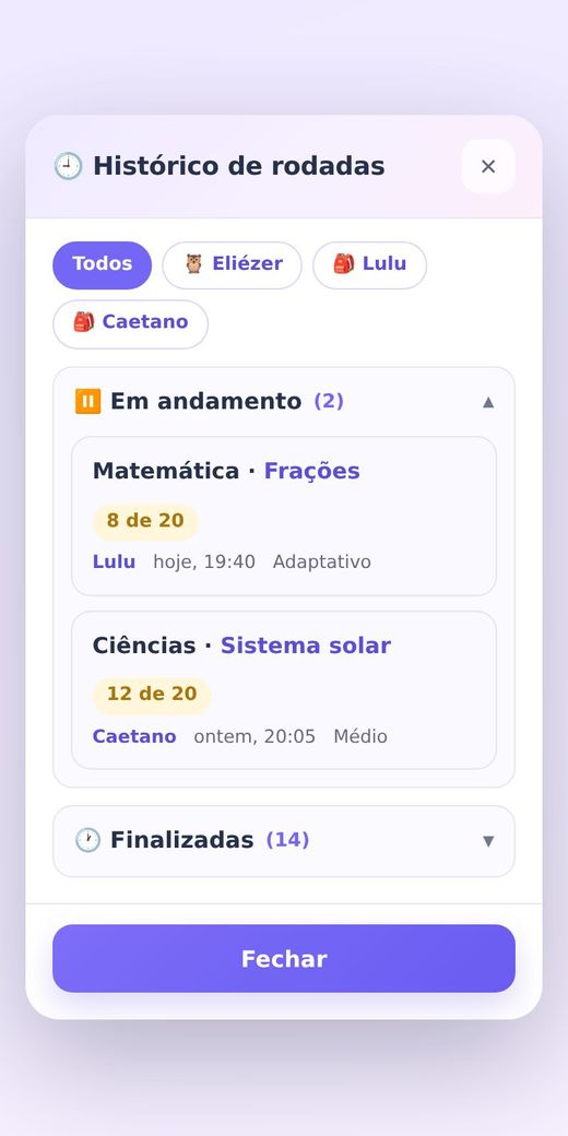 Histórico com filtro por estudante e rodadas em andamento