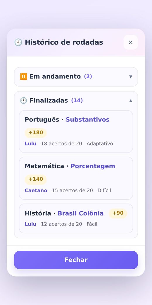 Lista de rodadas finalizadas com pontos e acertos